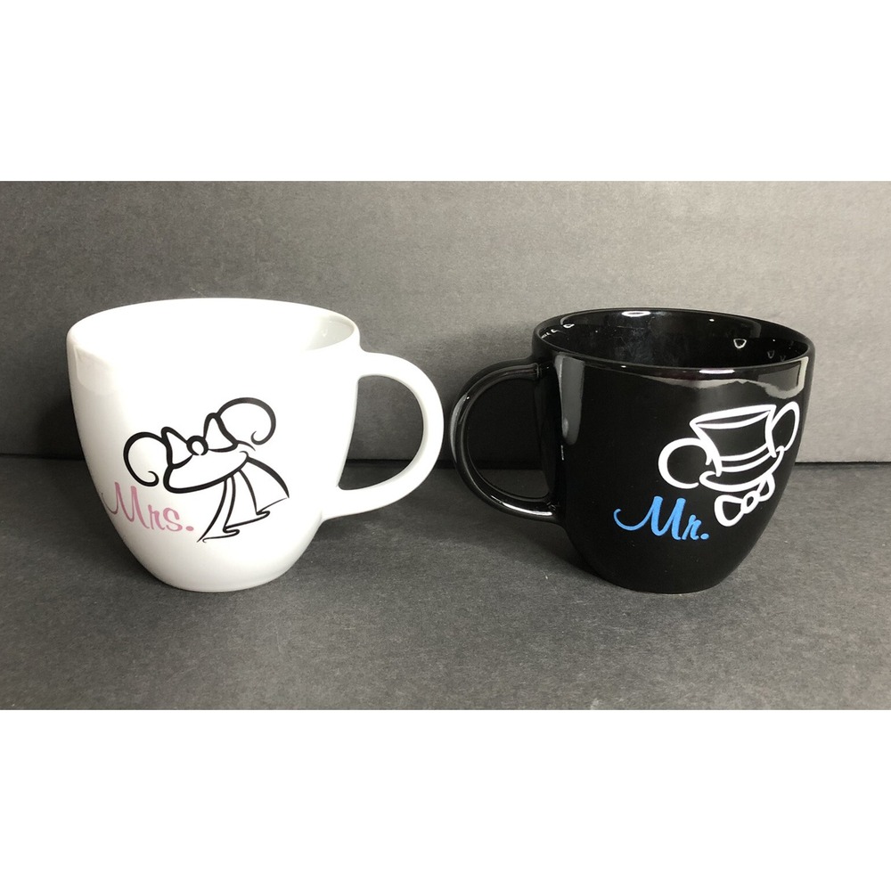 Tokyo Disney Mrs and Mr Mug Set Wedding Mickey Minnie Mouse White Black Ears Hat - Picture 4 of 6